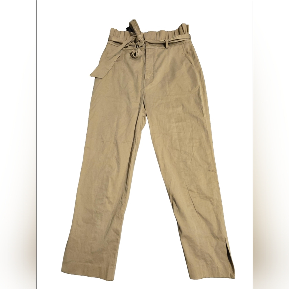Zara Woman Ruffle Waist Cotton Blend Khaki Trousers With Belt & Pockets Size S